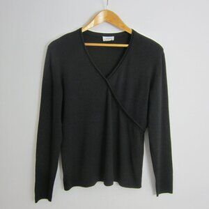 Vintage Loft Ann Taylor Womens Large Black LS Knit Faux Crossover Knit Shirt Top